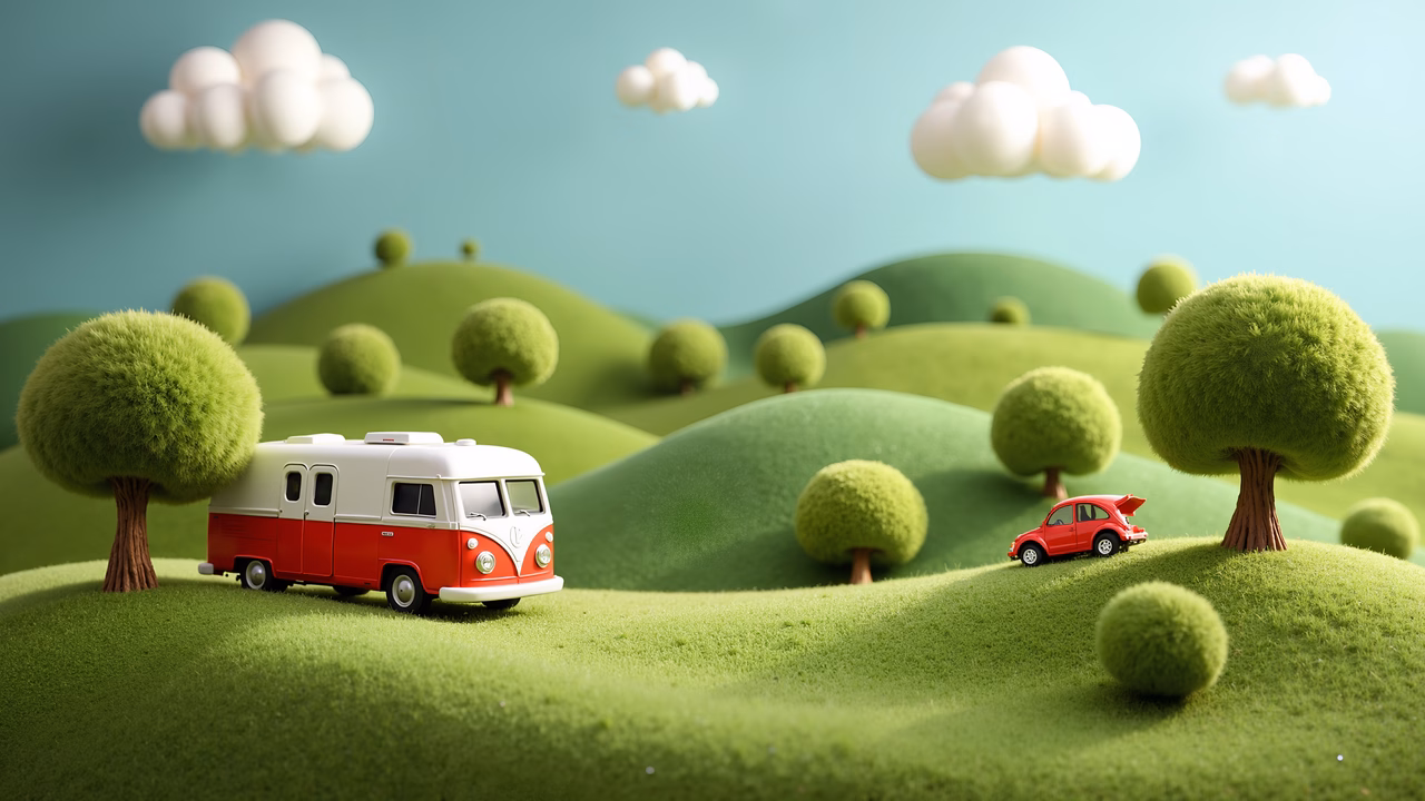 Whimsical pastoral adventure with camper van and car in a serene landscape.