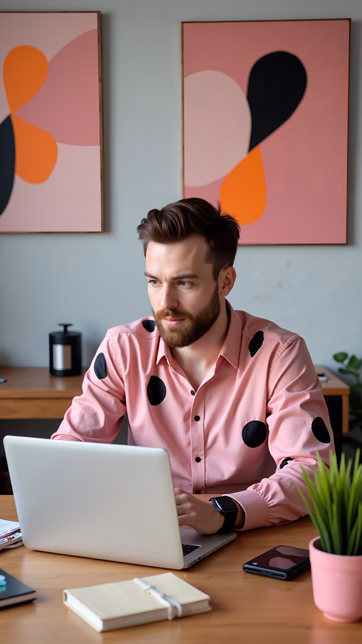 Man in pink polka dot shirt working at desk, modern office vibe.