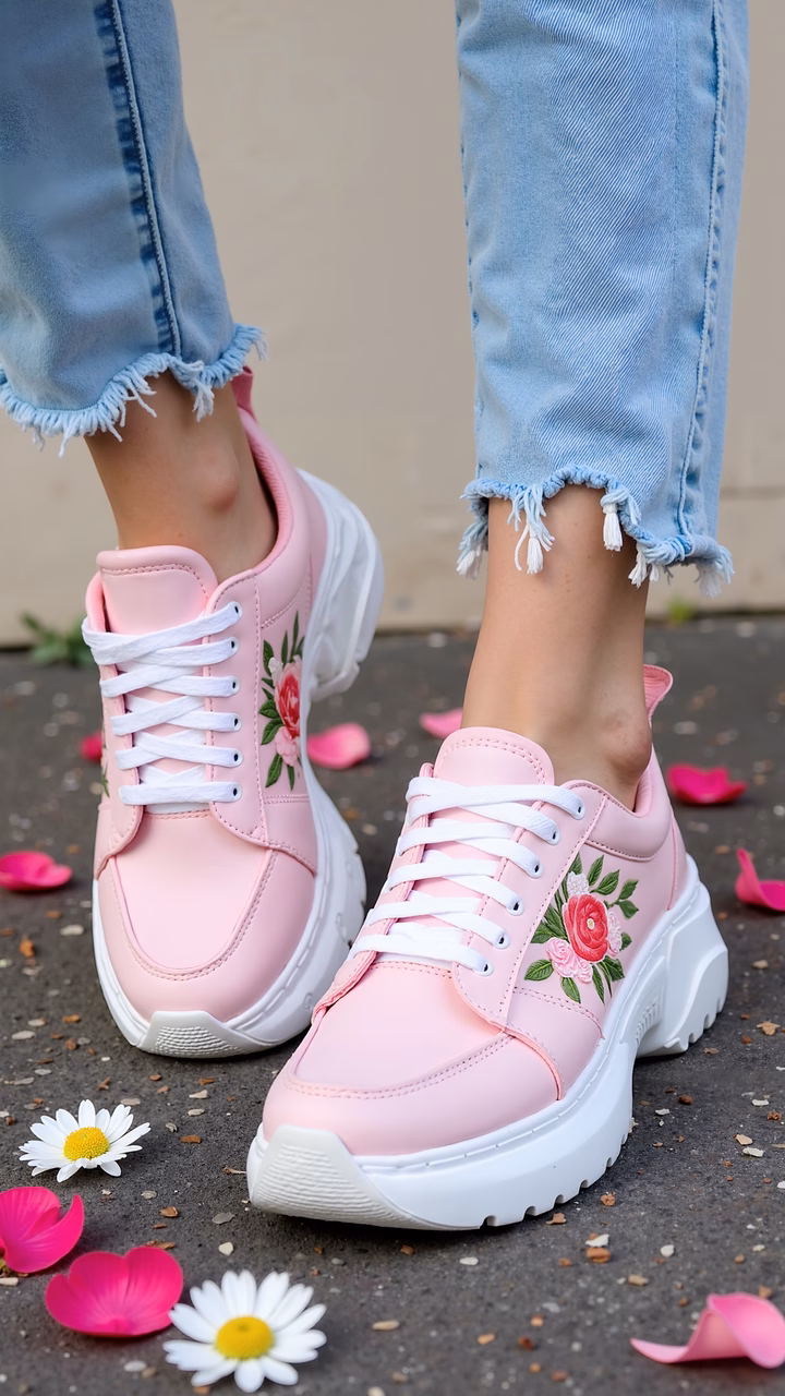 Pink sneakers with floral embroidery and light blue jeans, surrounded by flower petals.