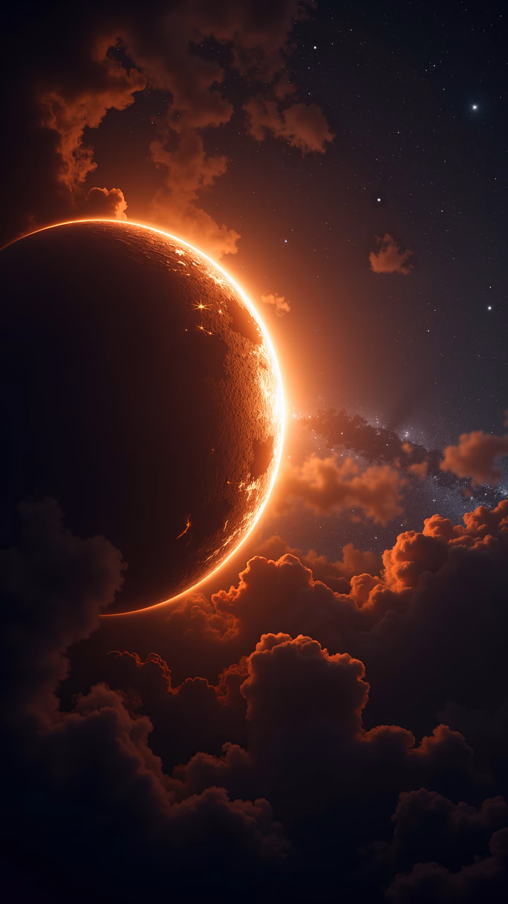A glowing planet illuminates a dramatic night sky, blending warmth and mystery.