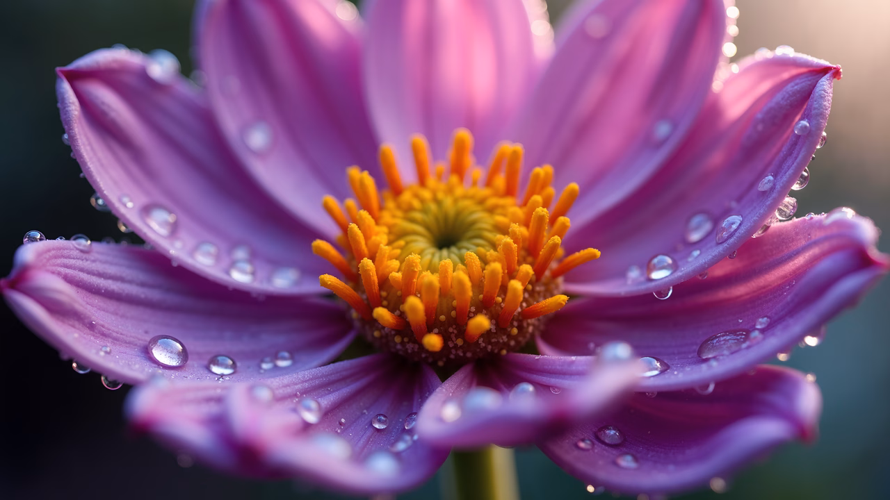Close-up of a dew-drenched purple flower with vivid orange stamens.