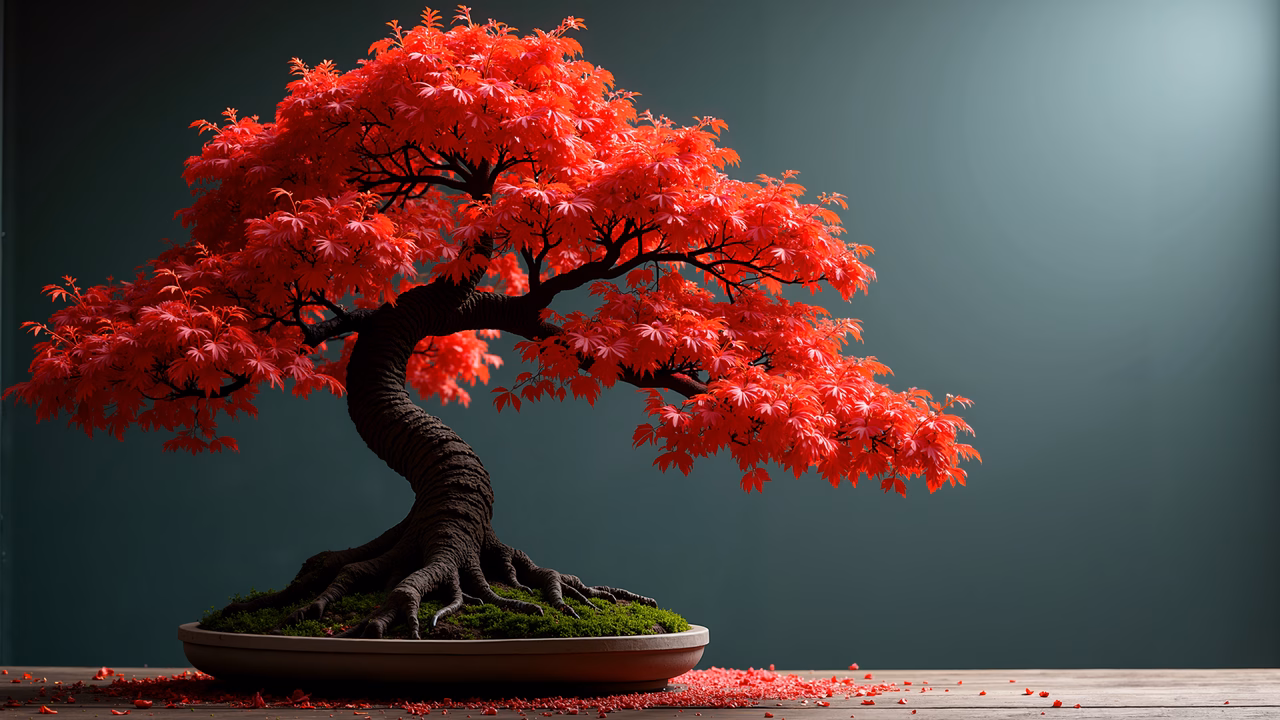 Vibrant red bonsai tree against muted green backdrop, symbolizing autumn beauty and tranquility.