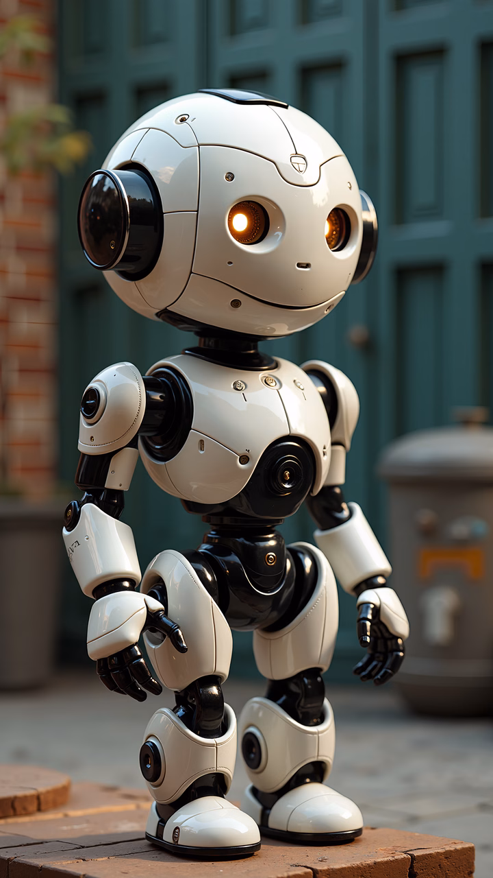 Friendly robot in an urban setting, reaching out for interaction.