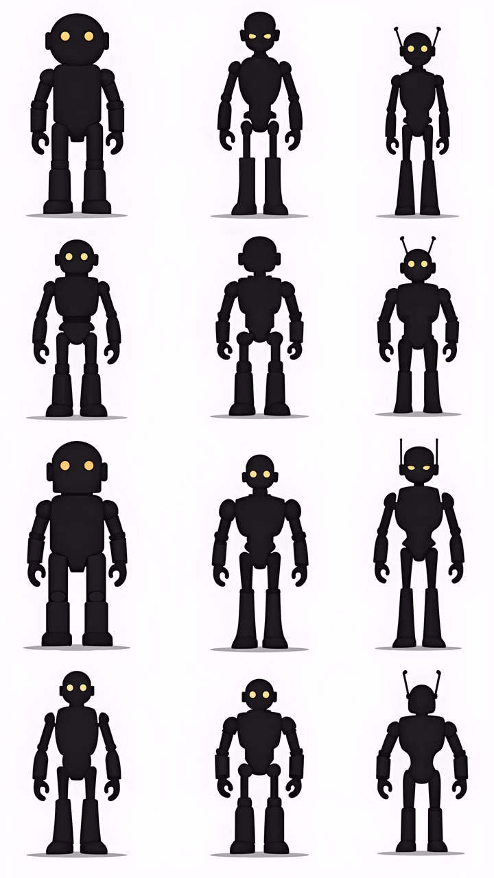 Grid of black robot silhouettes with glowing yellow eyes on a white background.