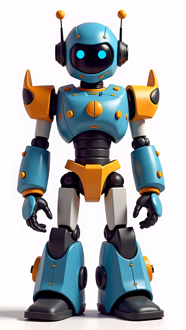 A cheerful, cartoon-style robot toy with vibrant colors and a friendly expression.