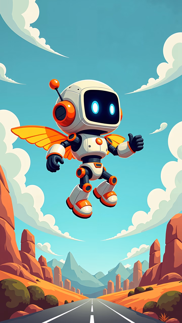 Whimsical robot flying over a desert landscape, evoking a sense of adventure and exploration.