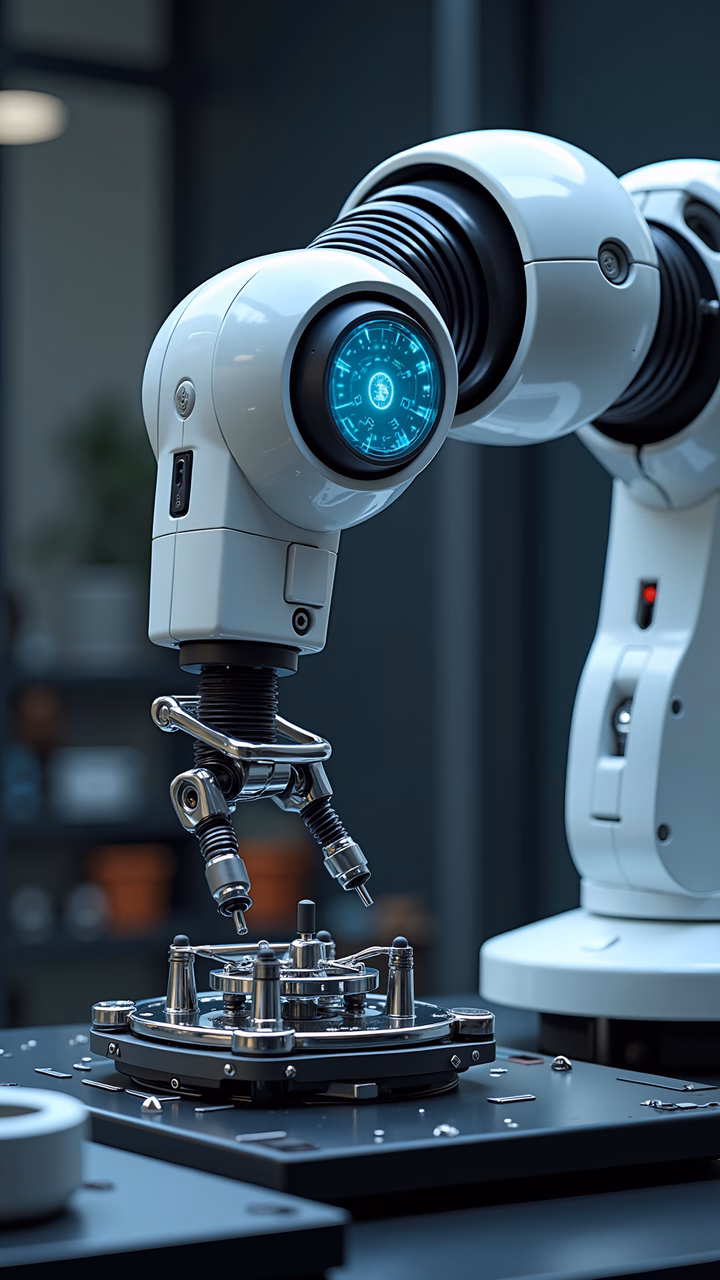 Precision robotic assembly in a sleek, modern industrial setting.
