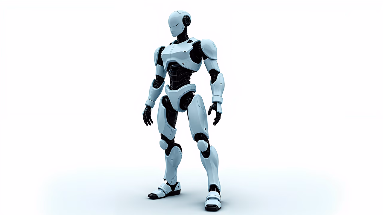 Minimalist robotic figure in cool tones, futuristic design, advanced AI.