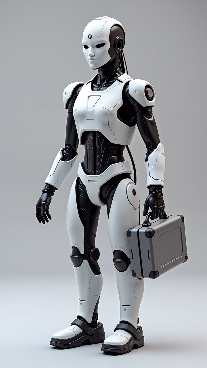 A robotic figure in a sleek, futuristic outfit holding a briefcase, set against a neutral backdrop.