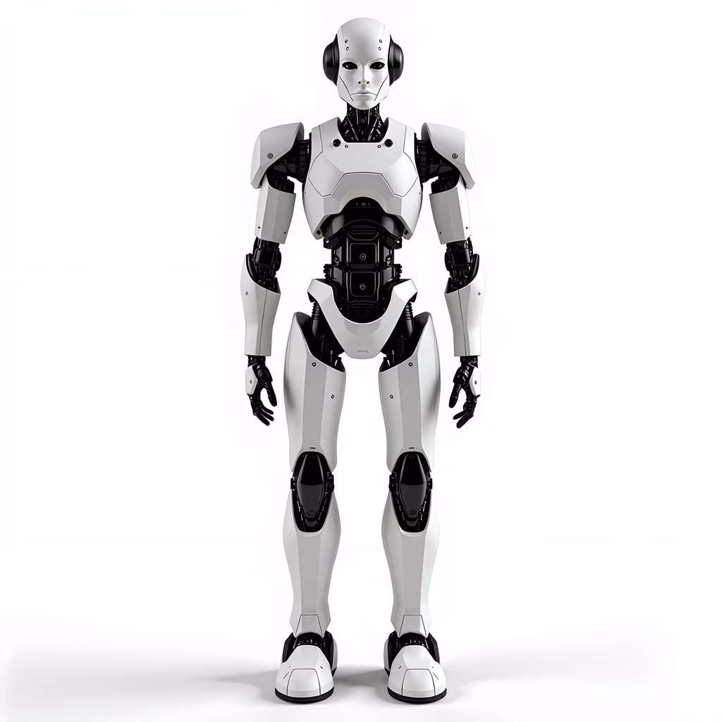 Sleek robotic humanoid in white and black, futuristic design.