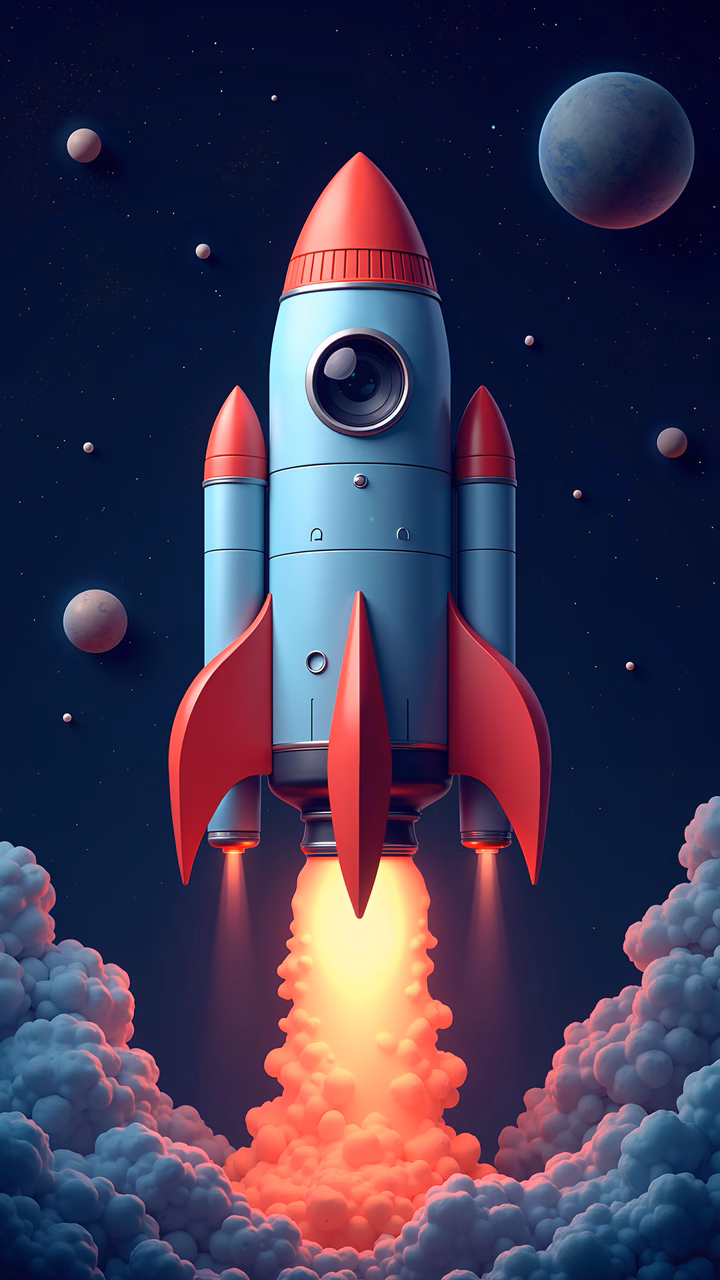 Vibrant rocket launch illustration with dynamic colors and cosmic elements.