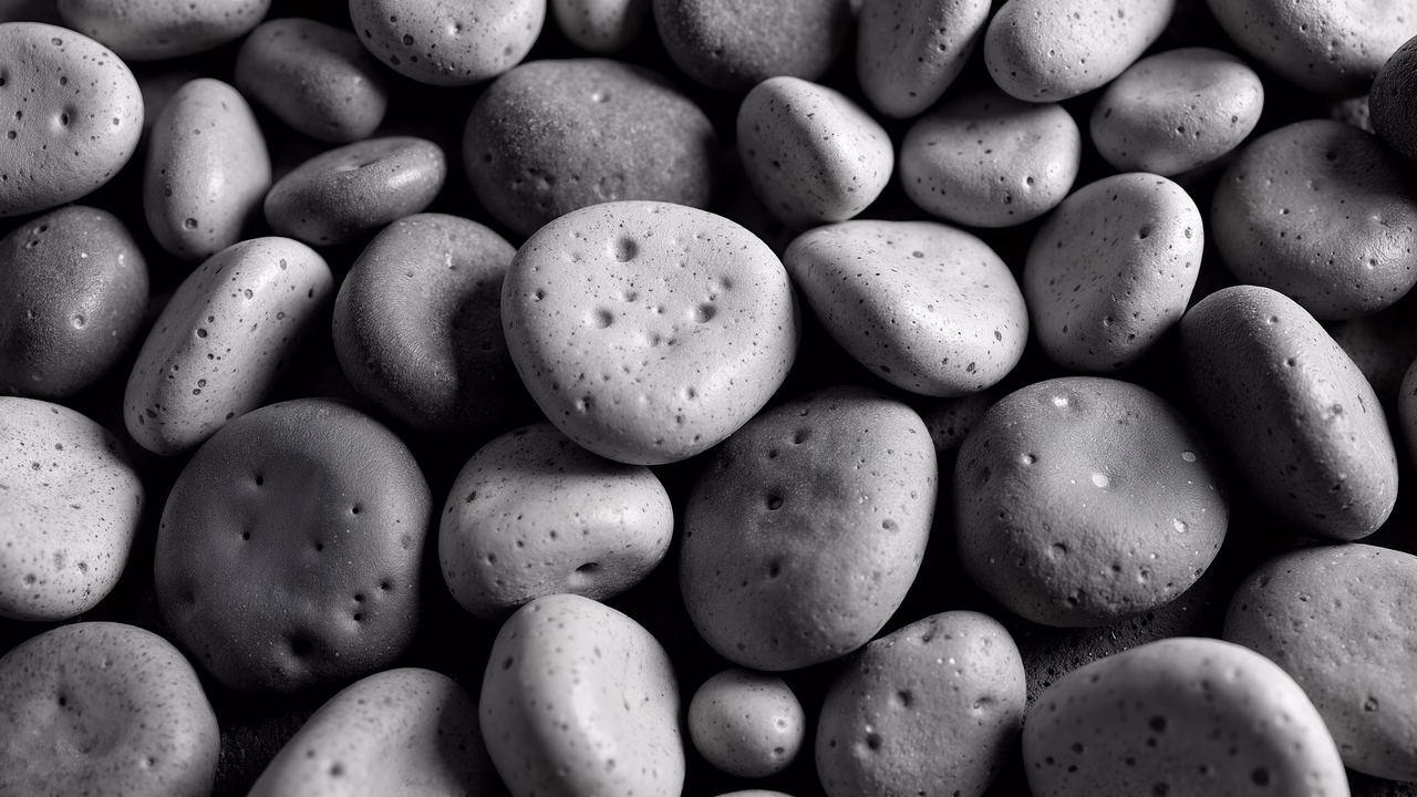 Close-up black-and-white photo of smooth, rounded rocks.