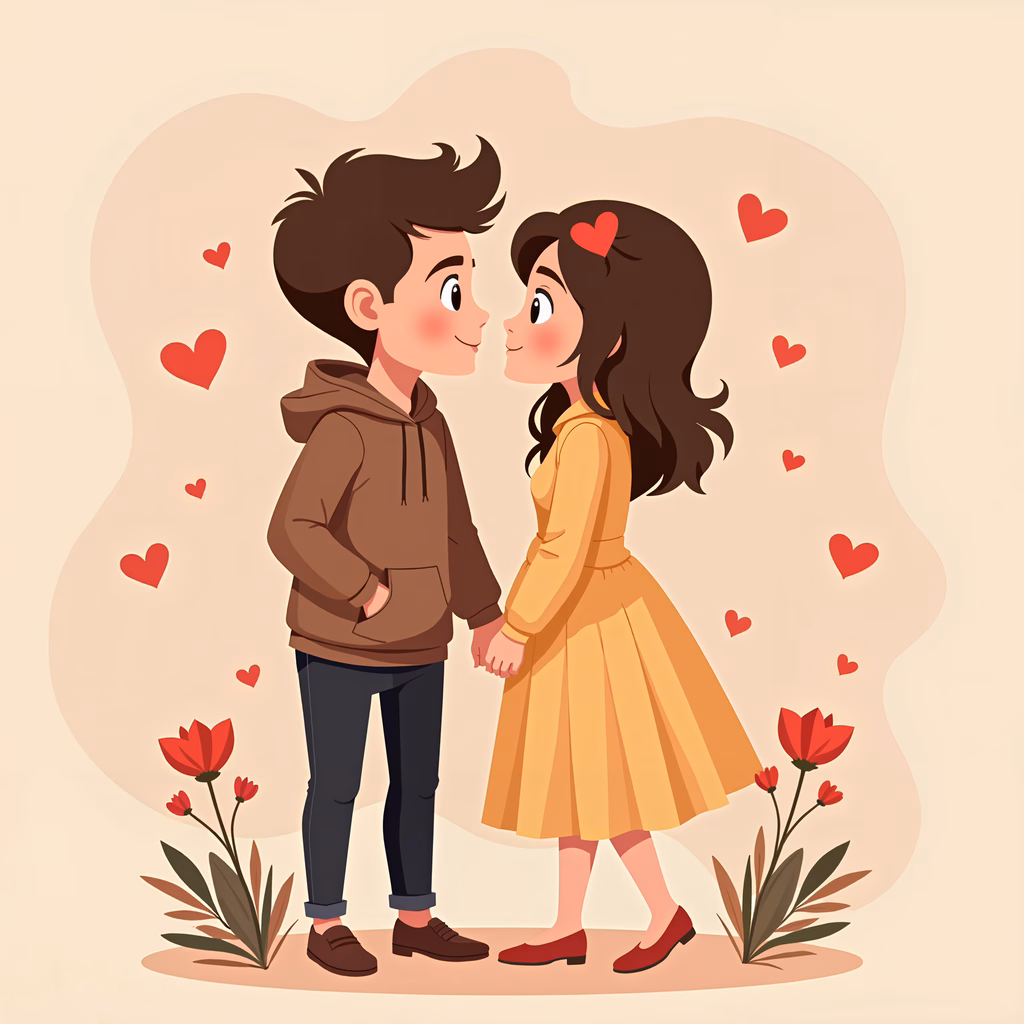 A sweet cartoon depiction of a couple embracing, surrounded by hearts and flowers, evoking feelings of love and affection.