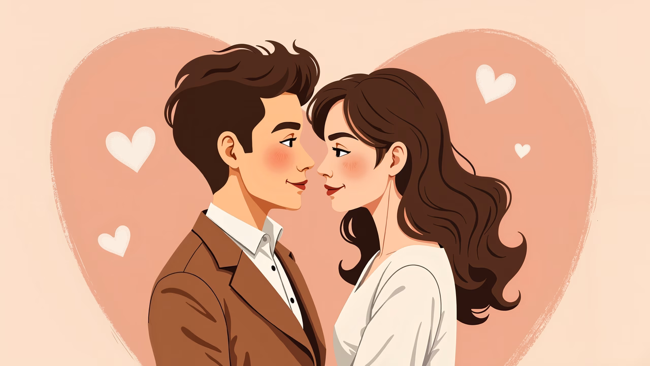 A tender romantic illustration featuring two individuals in a warm embrace, surrounded by hearts.
