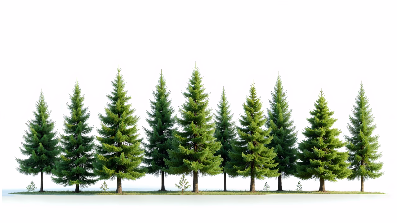 A serene row of pine trees against a clean white background.