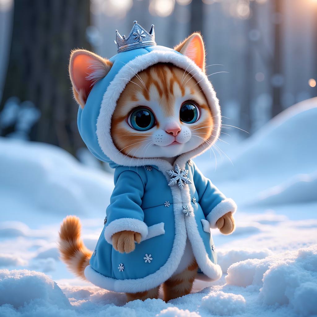 A cute kitten dressed as a royal figure in a winter wonderland setting.