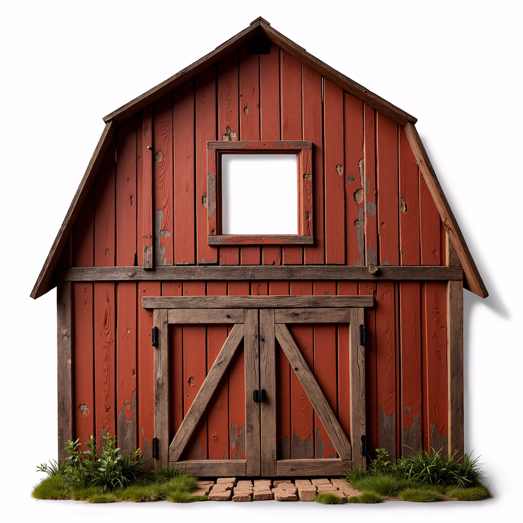 A charming rustic barn with vibrant red siding and weathered wooden doors, surrounded by greenery.