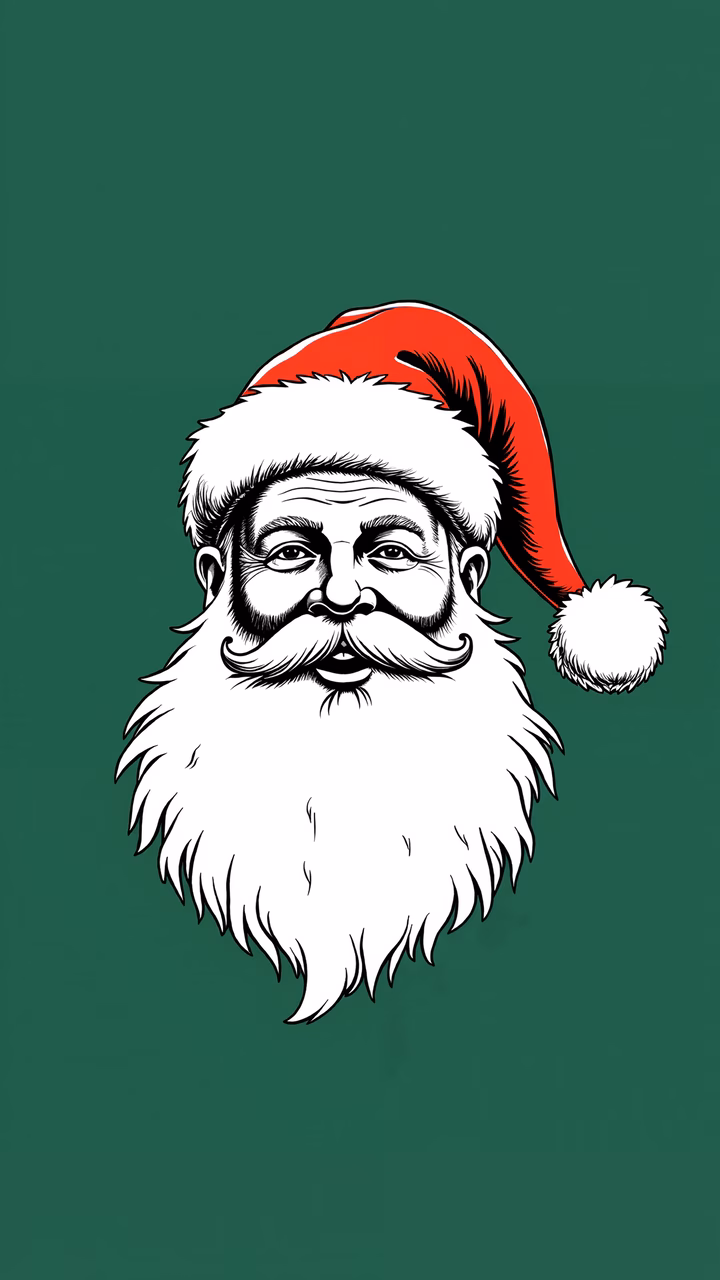 Classic Santa Claus illustration with red hat and white beard on dark green background.