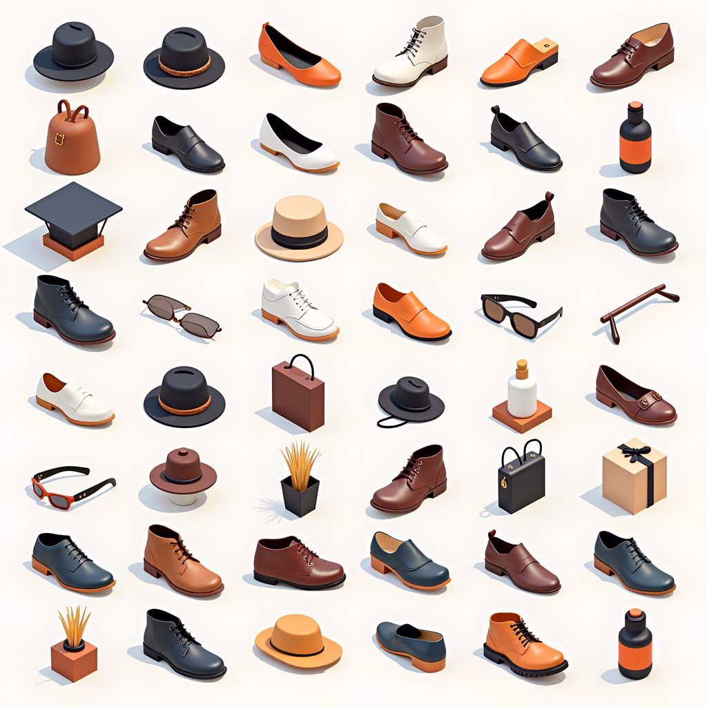 A grid of stylish shoes and accessories in earthy tones.