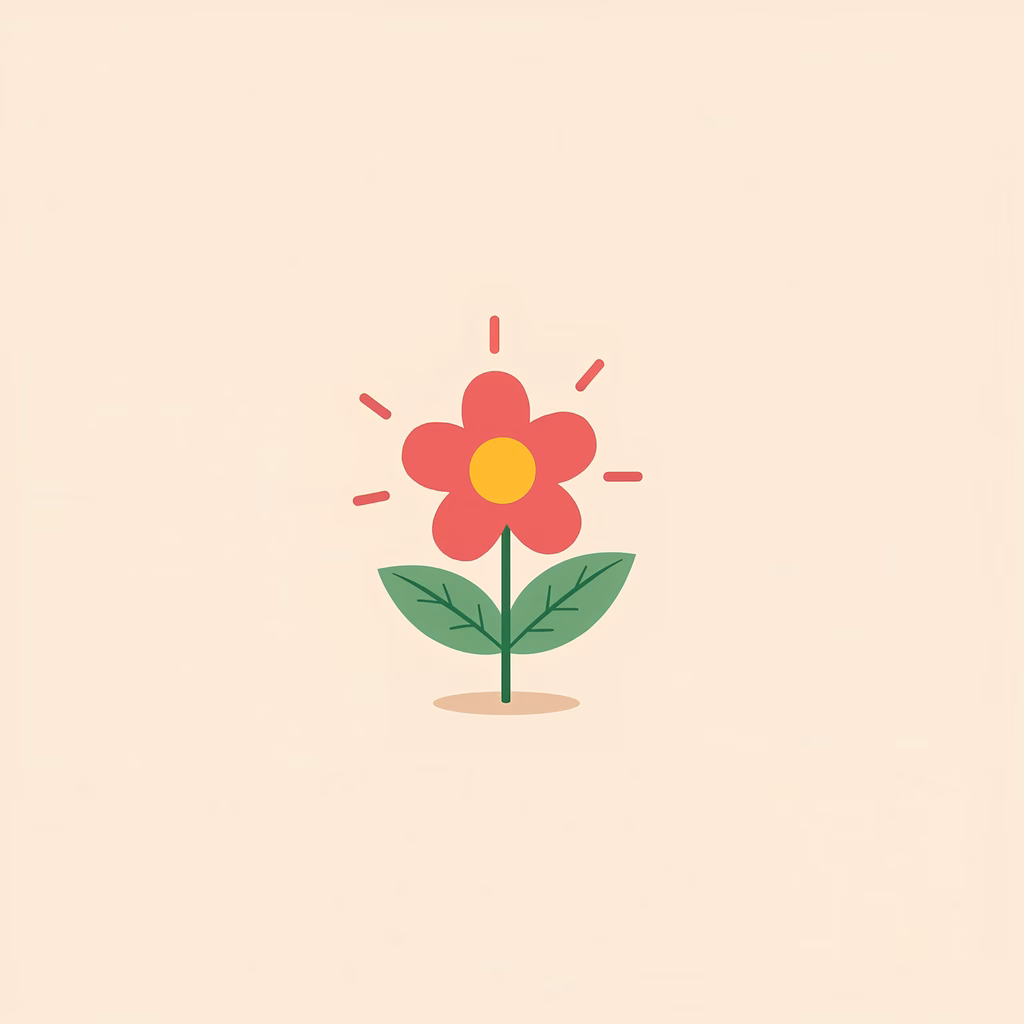 Minimalistic red flower with green leaves on a beige background.