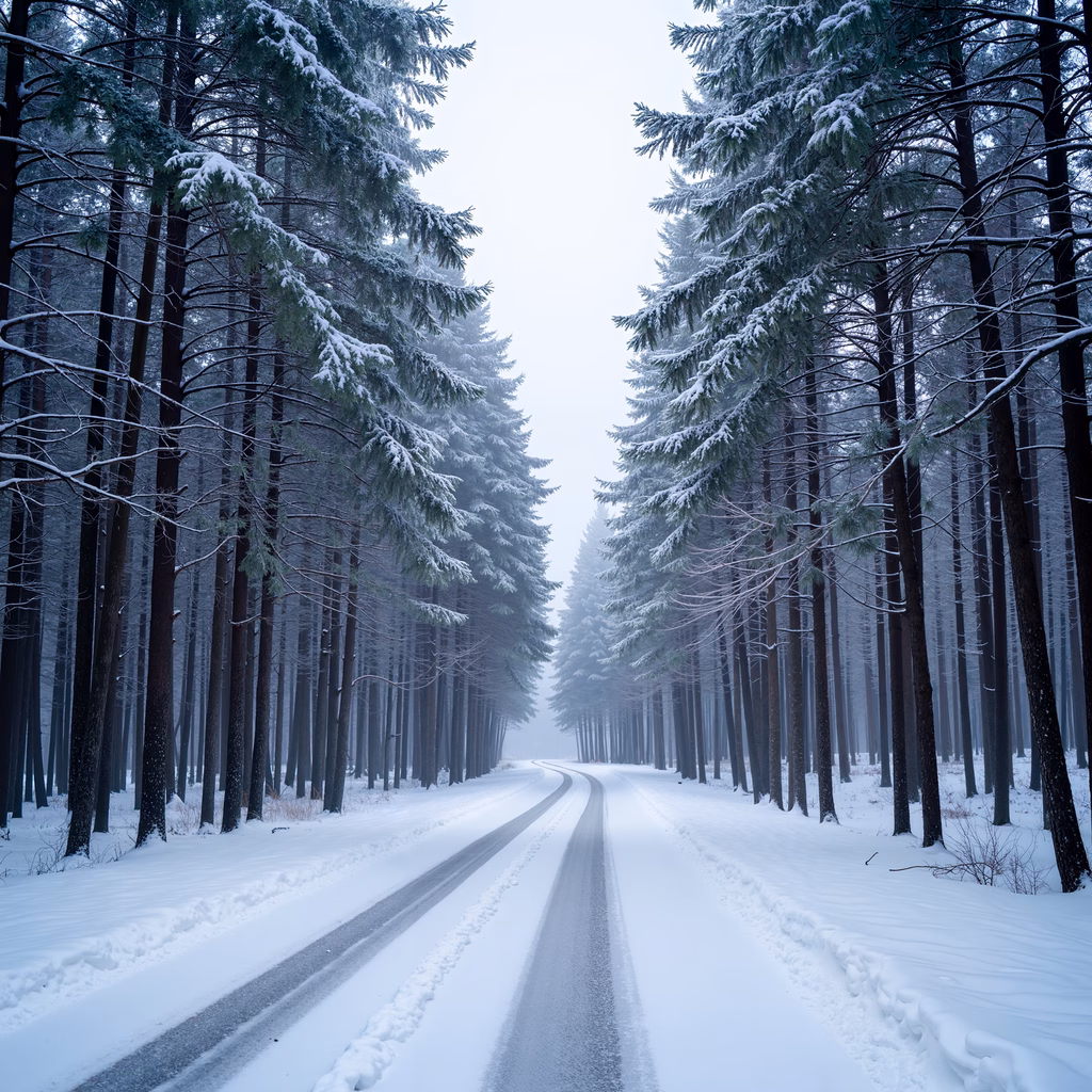 A tranquil winter road flanked by snowy evergreens under a soft, diffused sky.
