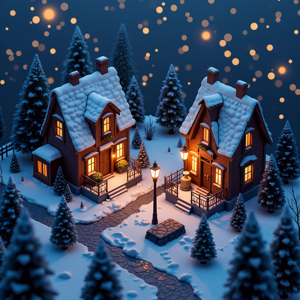 Cozy snowy night with two illuminated houses and a magical sky.