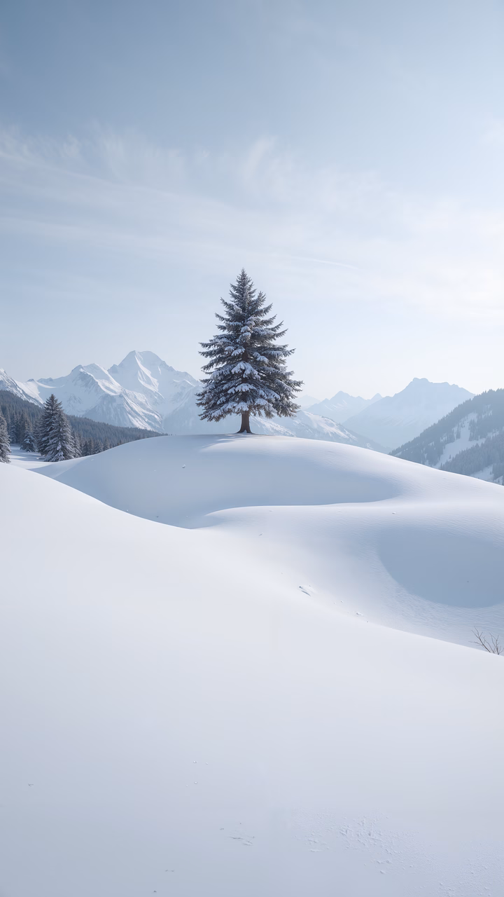 A solitary tree in a snowy landscape, evoking peace and serenity.