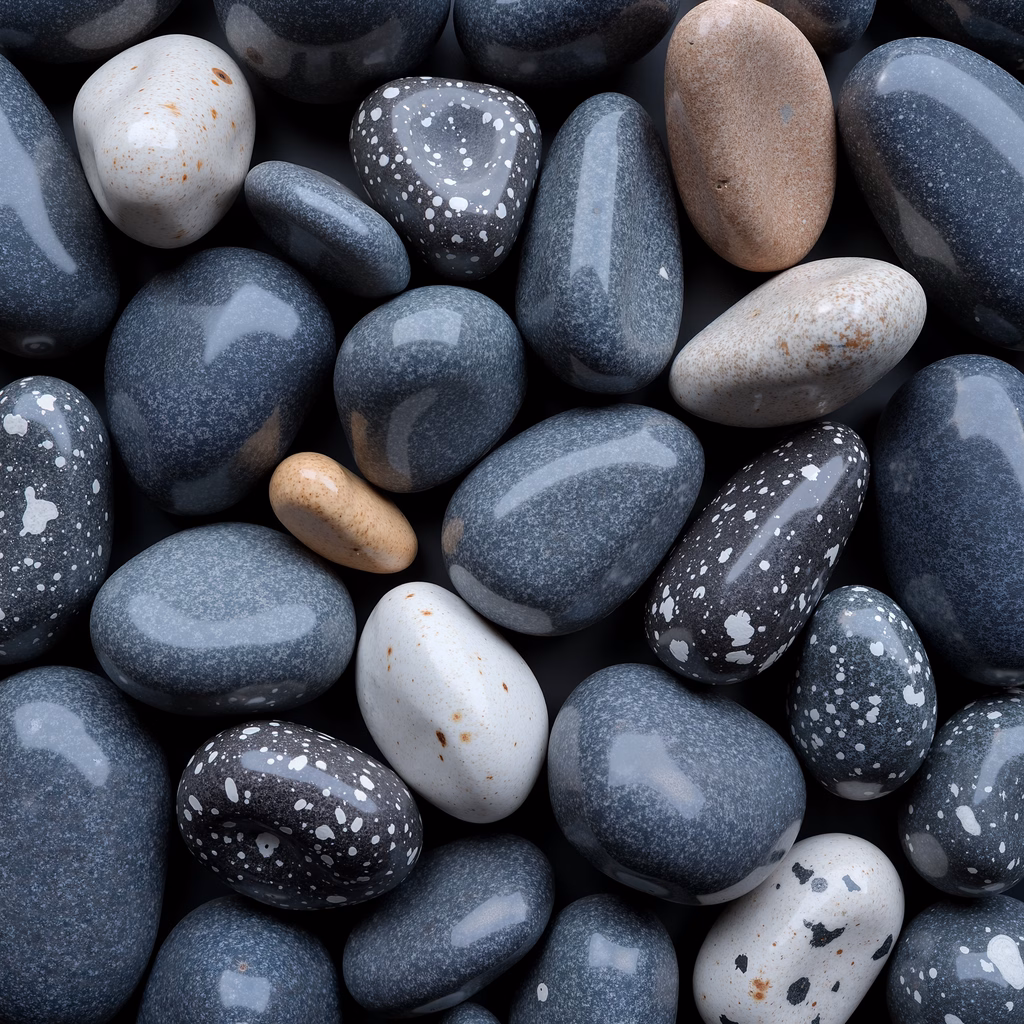 Glossy pebbles with speckled patterns on a dark surface.