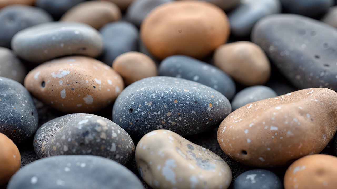 Close-up of speckled pebbles in muted tones, evoking tranquility.