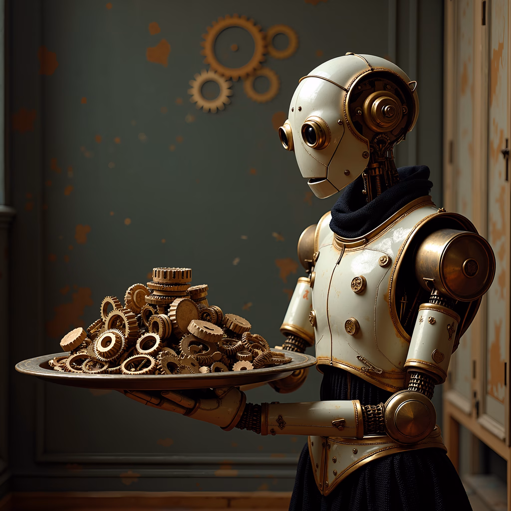 A steampunk robot holding a tray of gears against a cogs-adorned backdrop.