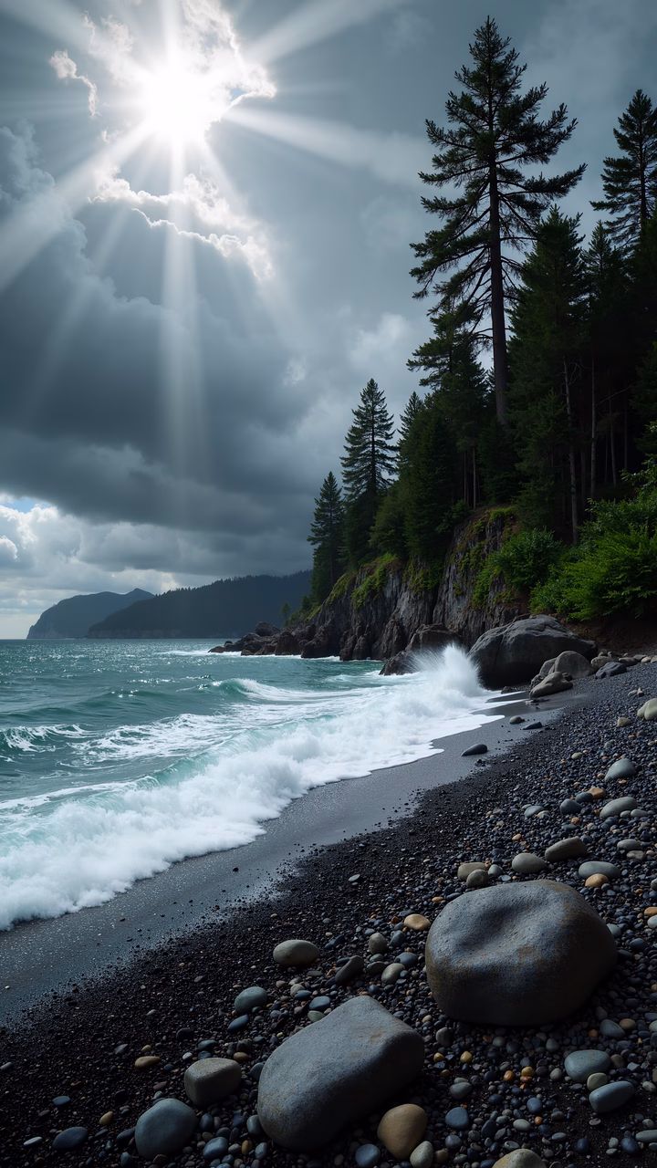 Sunlit coastal serenity with dramatic light and rugged cliffs.