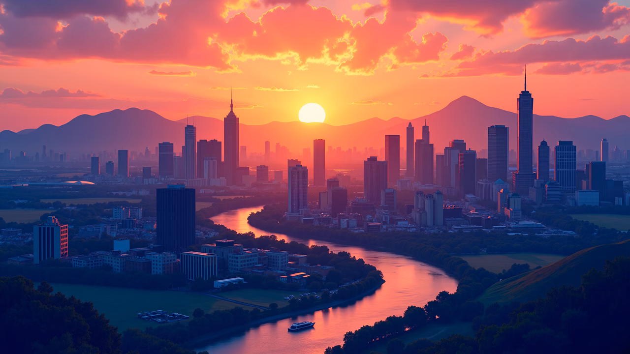 A stunning sunset over a modern city skyline, blending urban architecture with natural beauty.