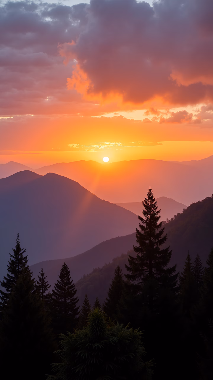 A serene sunset over majestic mountains, featuring vibrant colors and tranquil scenery.