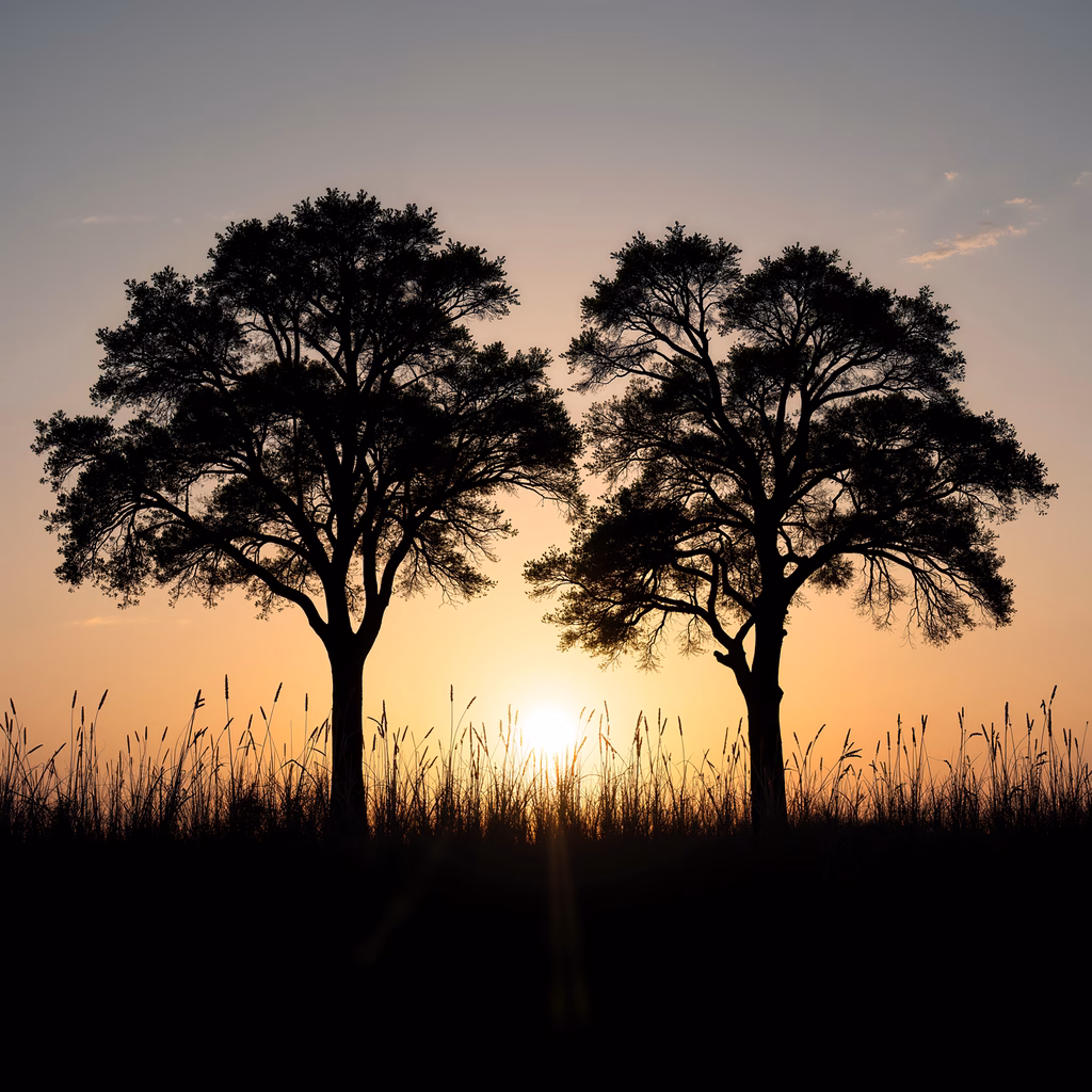 Silhouetted trees against a colorful sunset sky, evoking peace and tranquility.