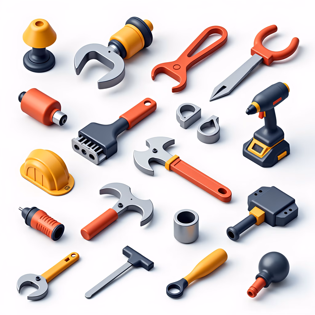 Vibrant, isometric illustration of construction tools.