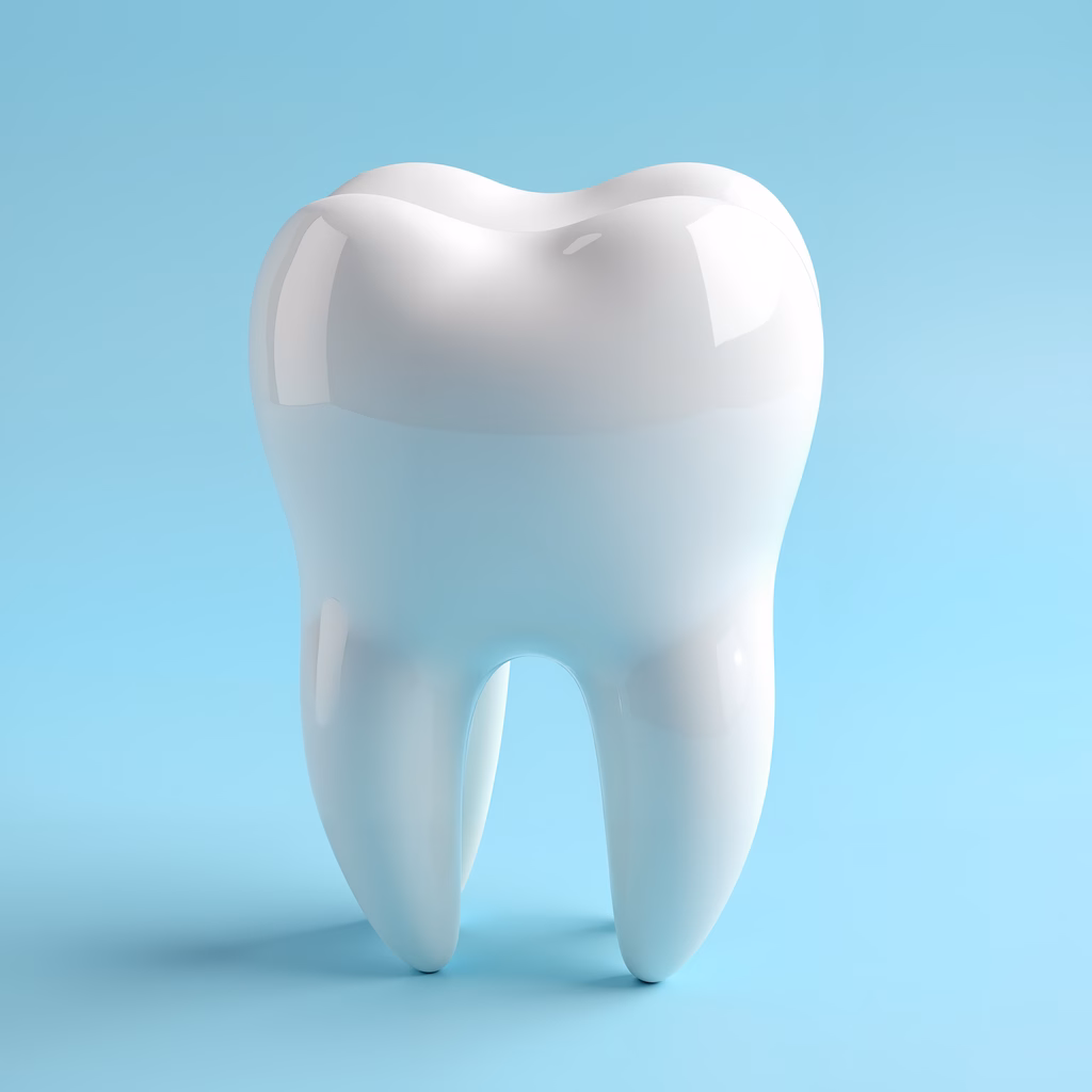 Minimalist illustration of a clean, white tooth on a pastel blue background.