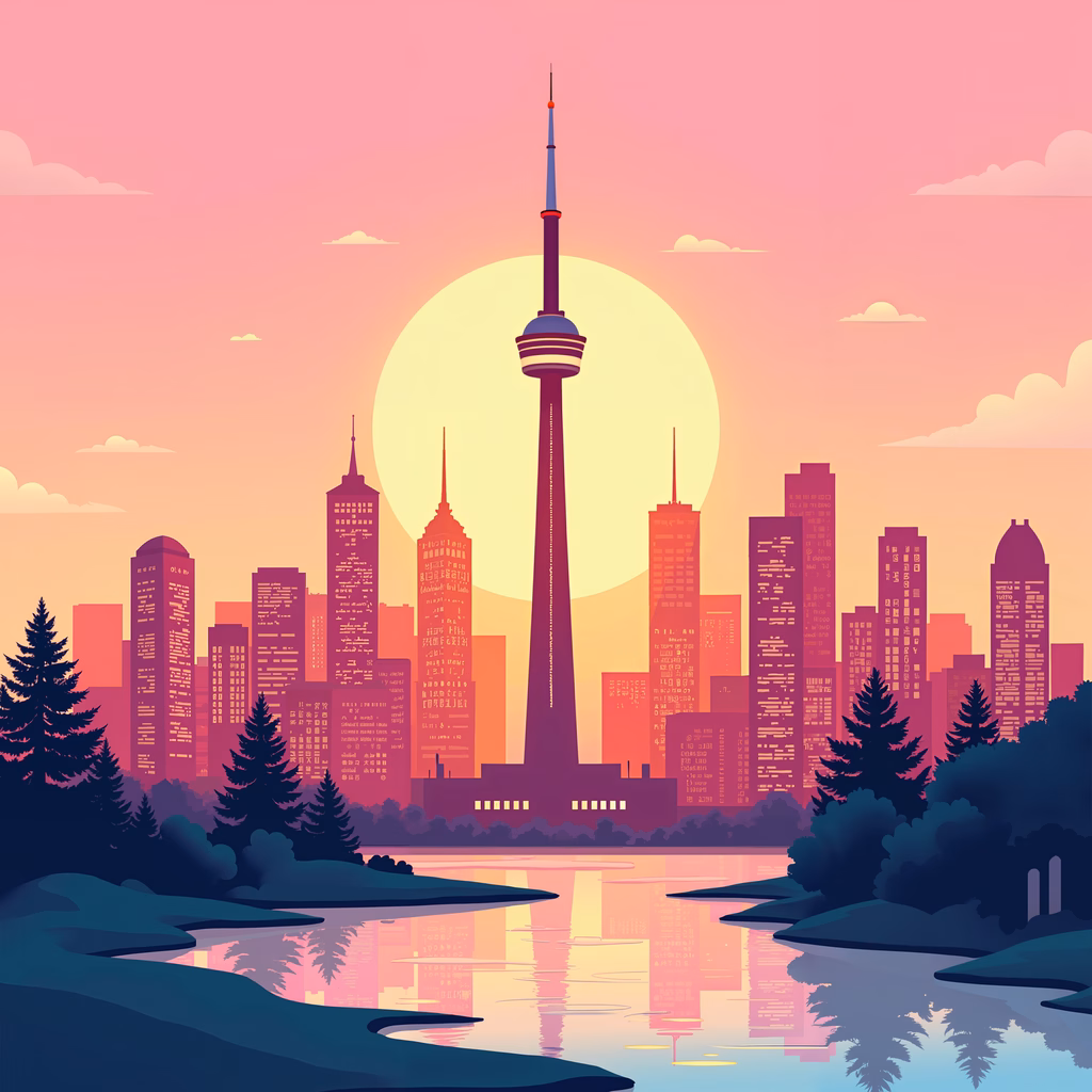 Vibrant Toronto skyline at sunset, featuring the CN Tower and urban architecture reflected in calm waters.