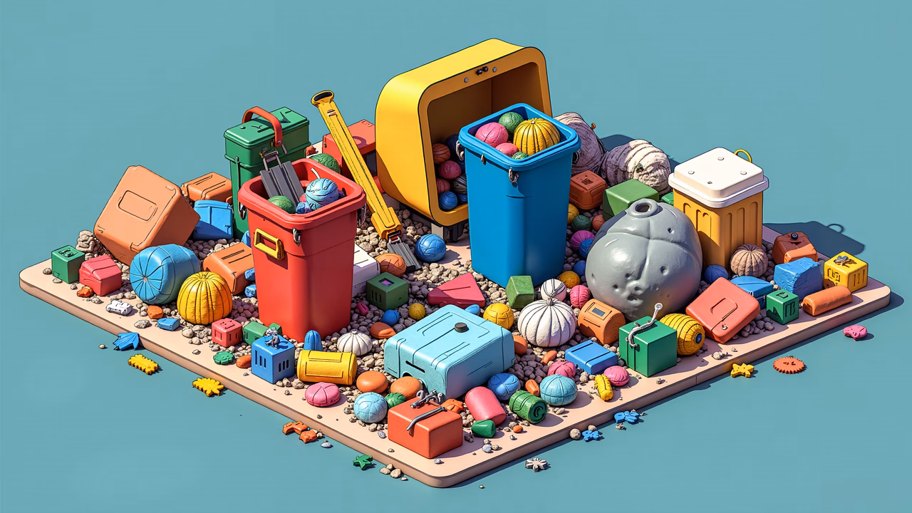 A colorful illustration of a trash-covered island, highlighting environmental issues.