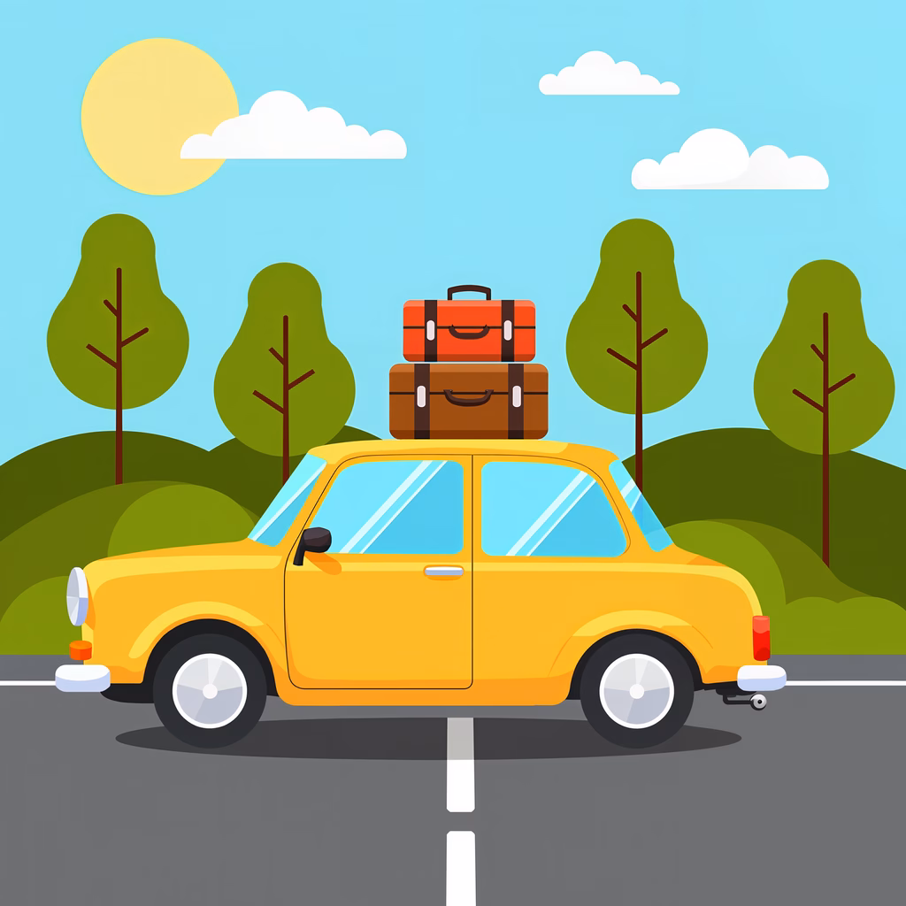 A yellow car with suitcases on top, set against a scenic backdrop of blue sky and green trees.