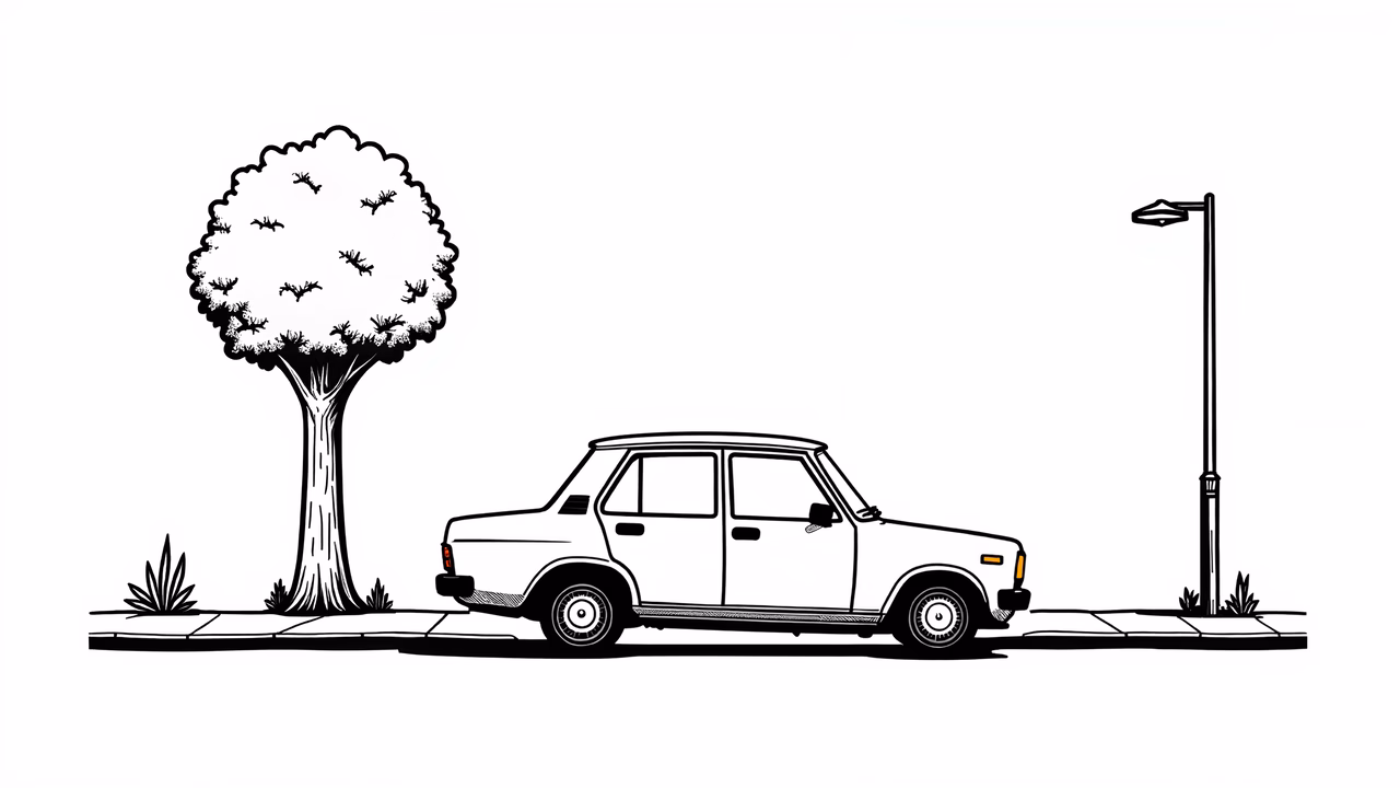 A minimalist illustration of a tree, car, and streetlamp in an urban setting.