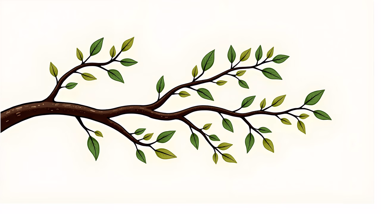 Minimalistic tree branch illustration with vibrant green leaves and textured brown bark.