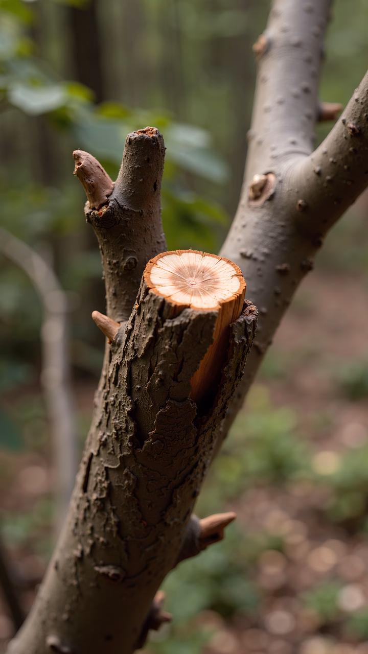 Close-up photo of a tree branch with detailed annual rings and textured bark.