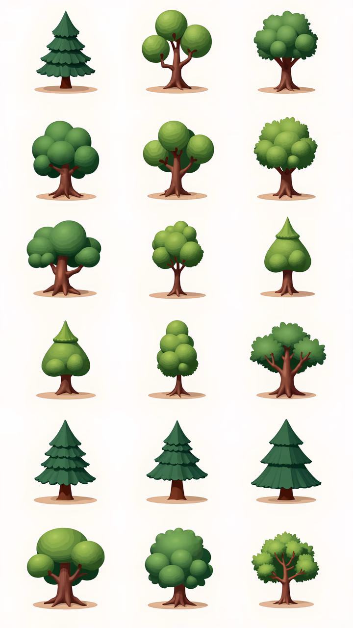 A collection of stylized trees in various shapes and shades, perfect for nature-themed projects.