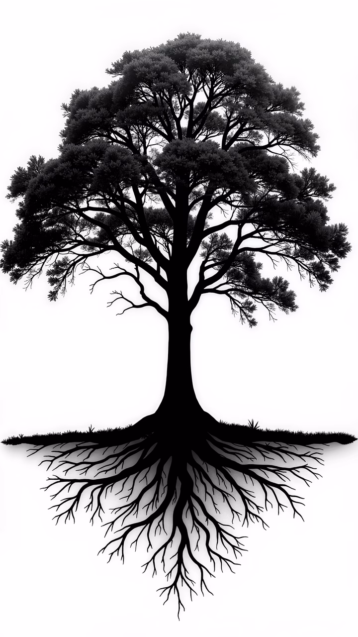 A powerful black-and-white illustration of a tree with detailed roots, symbolizing strength and resilience.