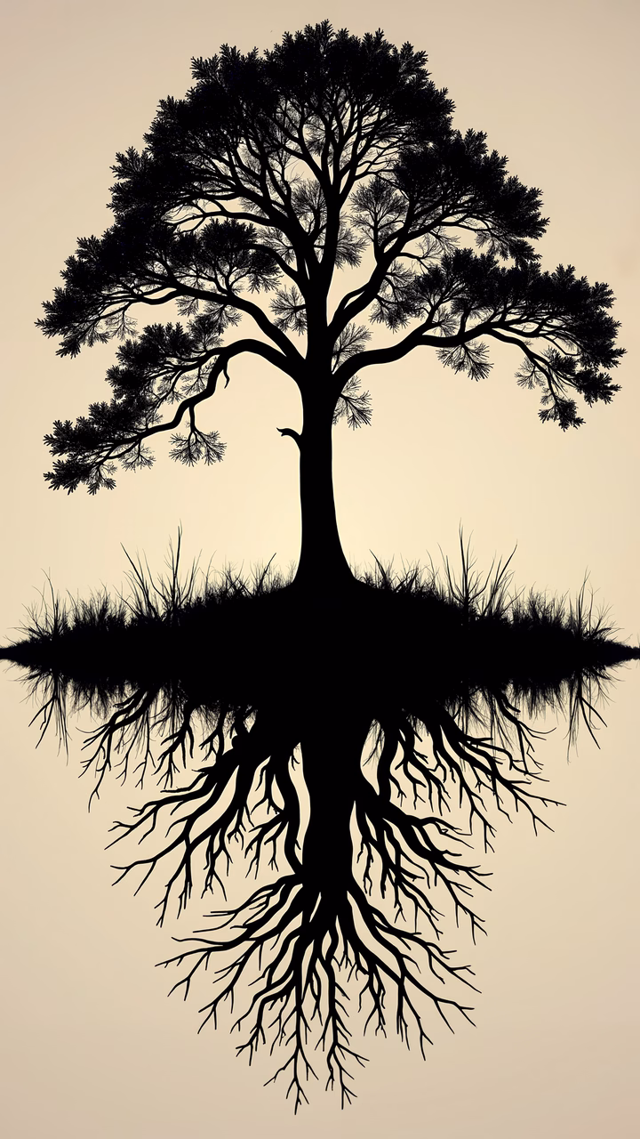 Stark tree silhouette with intricate root reflections, symbolizing nature's resilience and beauty.