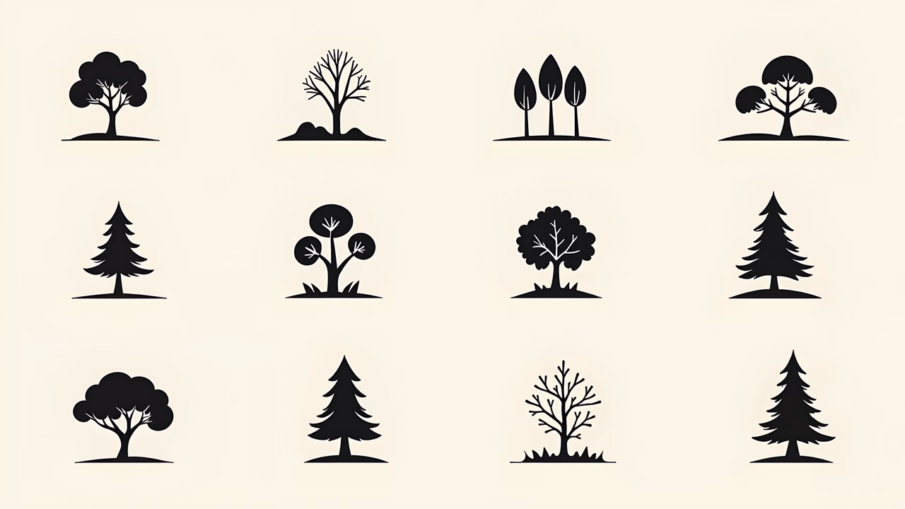 Minimalist tree silhouettes in black on a neutral background.