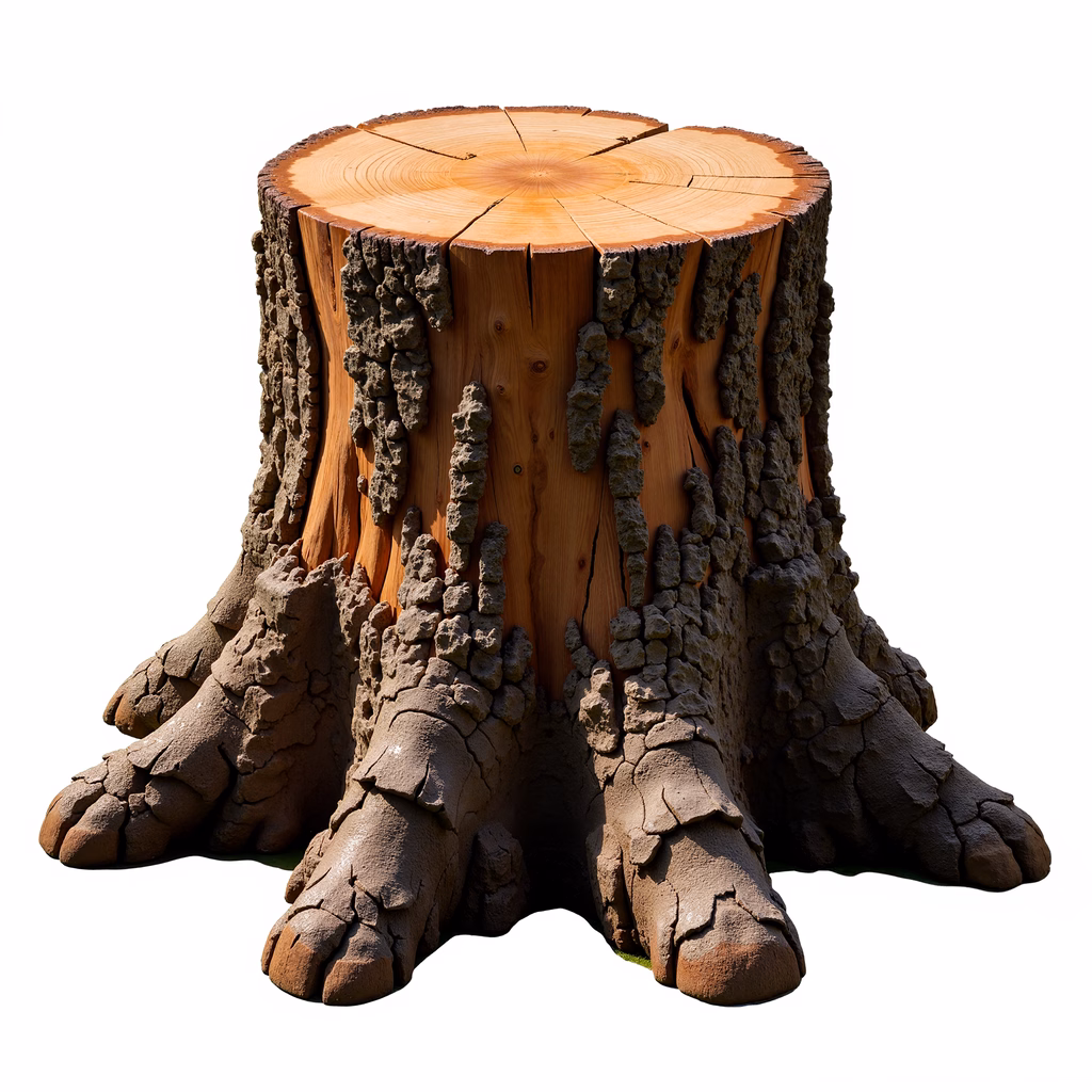 Detailed illustration of a tree stump with rich brown tones and rugged textures.