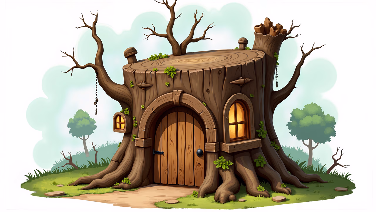 Whimsical treehouse illustration with warm glow and lush greenery.