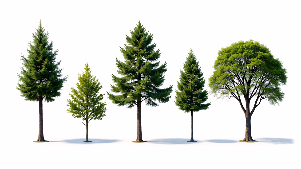 Row of diverse trees on a clean white background.
