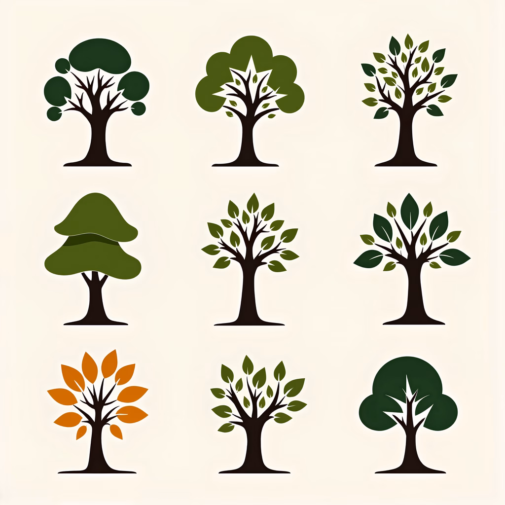 Stylized trees in various shades of green and autumnal tones, minimalist art style.